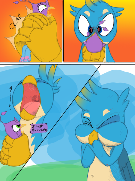 Size: 768x1024 | Tagged: questionable, artist:mrleft, derpibooru import, gallus, oc, oc:gyro feather, oc:gyro tech, gryphon, comic, dialogue, fetish, griffonized, male, micro, species swap, vore