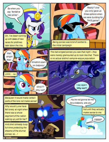 Size: 612x792 | Tagged: safe, artist:newbiespud, derpibooru import, edit, edited screencap, screencap, princess luna, rainbow dash, rarity, alicorn, bat pony, pegasus, pony, comic:friendship is dragons, testing testing 1-2-3, ancient wonderbolts uniform, armor, book, bookcase, clothes, cloud, comic, dialogue, female, flying, glowing eyes, golden oaks library, grin, hat, hoof shoes, male, mare, night guard, on a cloud, screencap comic, smiling, stallion, sunglasses, thinking, uniform