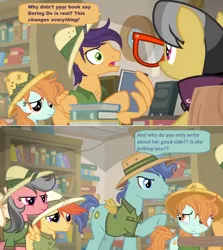 Size: 1600x1794 | Tagged: safe, derpibooru import, edit, edited screencap, screencap, a.k. yearling, peach fuzz, pony, daring doubt, angry, book, bookshelf, clothes, comic, dialogue, fake wings, fans, female, filly, glasses, hat, library, nerd rage, pith helmet, screencap comic, shelf, shirt, speech bubble, upset