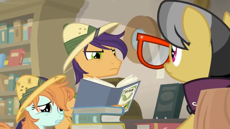 Size: 1600x900 | Tagged: safe, derpibooru import, screencap, a.k. yearling, endeavour, peach fuzz, pony, daring doubt, angry, book, bookshelf, female, filly, glasses, heartbreak, library, sad, shelf, upset