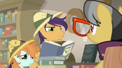 Size: 1600x900 | Tagged: safe, derpibooru import, screencap, a.k. yearling, endeavour, peach fuzz, pony, daring doubt, angry, book, bookshelf, female, filly, glasses, heartbreak, library, sad, shelf, upset