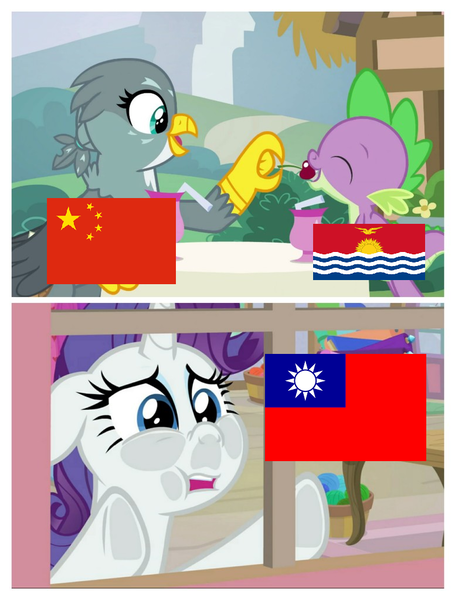 Size: 776x1024 | Tagged: china, derpibooru import, dragon dropped, edit, edited screencap, eqg flag-tag meme, female, gabby, kiribati, male, politics, rarity, sad, safe, screencap, shipping, spabby, spike, straight, taiwan