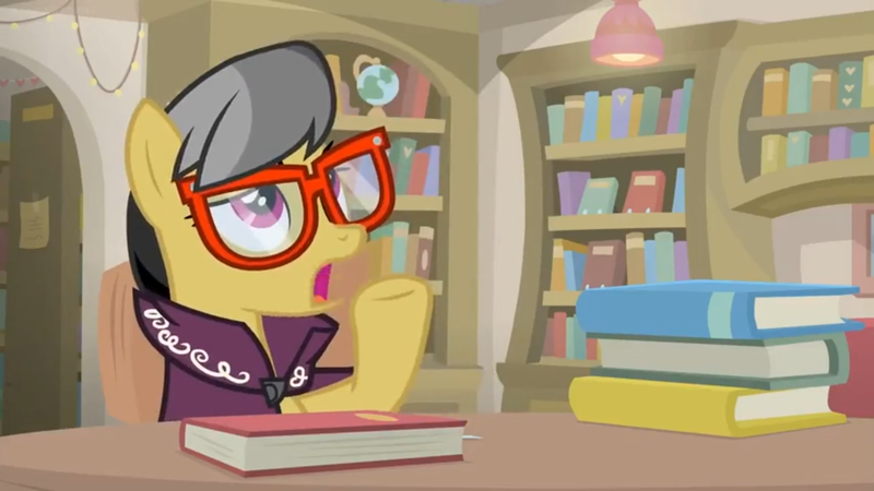 Size: 1600x900 | Tagged: safe, derpibooru import, screencap, a.k. yearling, pegasus, pony, daring doubt, book, bookshelf, cape, clothes, female, glasses, library, mare, shelf, sitting, solo