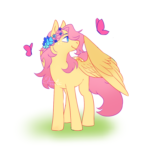 Size: 1000x1000 | Tagged: safe, artist:seohlee, derpibooru import, fluttershy, butterfly, pegasus, pony, coat markings, cute, female, floral head wreath, flower, freckles, mare, no pupils, profile, shyabetes, simple background, solo, white background