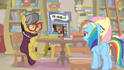 Size: 1600x900 | Tagged: safe, derpibooru import, screencap, a.k. yearling, fluttershy, rainbow dash, pegasus, pony, daring doubt, book, bookshelf, cape, chair, clothes, female, glasses, ladder, mare, sad, shelf, sign, stool, table