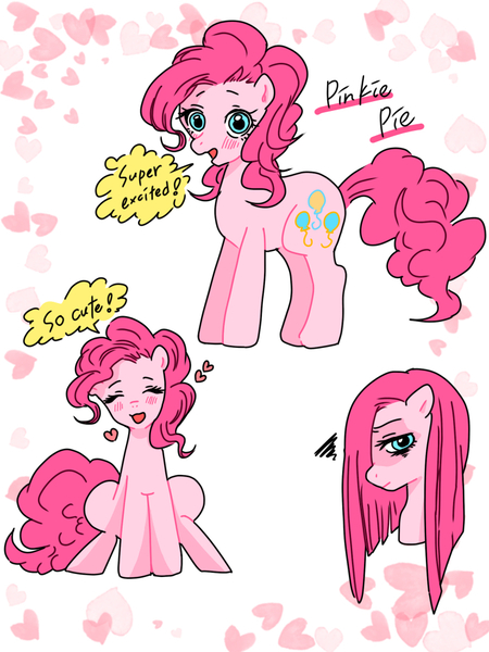 Size: 768x1024 | Tagged: dead source, safe, artist:paprikapink, derpibooru import, pinkie pie, pony, blushing, bust, cute, dialogue, diapinkes, eyes closed, heart, multeity, open mouth, pinkamena diane pie, pixiv, portrait, solo, speech bubble