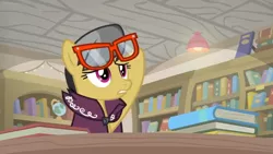 Size: 1600x900 | Tagged: safe, derpibooru import, screencap, a.k. yearling, pegasus, pony, daring doubt, book, bookshelf, cape, ceiling light, clothes, female, glasses, library, mare, shelf, solo, table