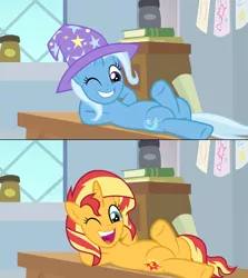 Size: 1280x1436 | Tagged: safe, artist:3d4d, artist:wissle, derpibooru import, edit, edited screencap, screencap, sunset shimmer, trixie, pony, unicorn, a horse shoe-in, female, mare, on back, one eye closed, open mouth, wink