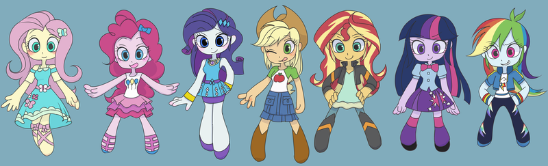 Size: 10744x3264 | Tagged: safe, artist:haibaratomoe, derpibooru import, edit, applejack, fluttershy, pinkie pie, rainbow dash, rarity, sci-twi, sunset shimmer, twilight sparkle, equestria girls, equestria girls series, absurd resolution, applejack's hat, blue background, blushing, boots, chibi, clothes, cowboy hat, cute, denim skirt, diapinkes, digital art, dress, female, freckles, hat, humane five, humane seven, humane six, jackabetes, leg warmers, looking at you, miniskirt, moe, one eye closed, open mouth, pleated skirt, ponytail, sandals, shoes, simple background, skirt, smiling, socks, stetson, twiabetes, wink