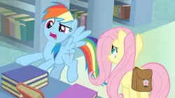 Size: 1600x900 | Tagged: safe, derpibooru import, screencap, fluttershy, rainbow dash, pegasus, pony, daring doubt, bag, book, bookshelf, complaining, duo, duo female, faic, female, flying, frown, mare, open mouth, raised eyebrow, saddle bag, shelf, spread wings, table, wings