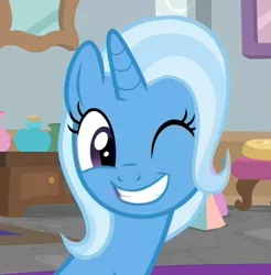 Size: 624x634 | Tagged: safe, derpibooru import, screencap, trixie, pony, unicorn, a horse shoe-in, cropped, cute, diatrixes, female, mare, one eye closed, solo, wink