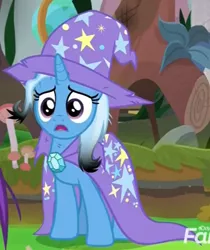 Size: 408x486 | Tagged: safe, derpibooru import, screencap, trixie, pony, unicorn, a horse shoe-in, about to cry, burnt mane, cape, clothes, cropped, dirty, female, hat, heartbreak, mare, messy mane, open mouth, sad, solo focus, trixie's cape, trixie's hat, upset