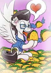 Size: 1529x2171 | Tagged: safe, artist:pony-berserker, derpibooru import, oc, unofficial characters only, pegasus, pony, commission, ear twitch, food, glasses, heart, male, pictogram, ponysona, solo, speech bubble, spread wings, stallion, taco, tongue out, wings