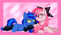 Size: 3500x2000 | Tagged: safe, artist:redheartponiesfan, derpibooru import, oc, unofficial characters only, earth pony, pony, unicorn, clothes, female, mare, prone, socks