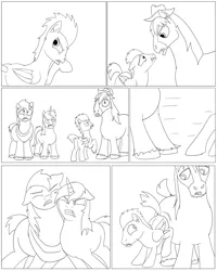 Size: 2043x2554 | Tagged: safe, artist:cactuscowboydan, author:bigonionbean, derpibooru import, big macintosh, flash sentry, shining armor, trouble shoes, clydesdale, earth pony, pegasus, pony, unicorn, comic:the fusion flashback, basement, broken, butt, comic, commissioner:bigonionbean, coughing, dat butt, dialogue, door, forced, fusion, gagging, hat, laboratory, magic, meme, potion, shattered, shocked, sketch, surprised, underground