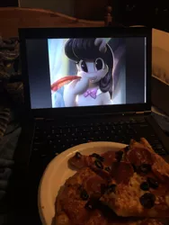 Size: 3024x4032 | Tagged: artist:light262, computer, derpibooru import, female, food, laptop computer, meat, octavia melody, pepperoni, pepperoni pizza, pizza, plate, safe, thinkpad, waifu dinner