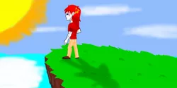 Size: 1366x685 | Tagged: safe, artist:israelyabuki, derpibooru import, oc, oc:eternal flames, unofficial characters only, equestria girls, birthmark, cliff, clothes, cloud, cloudy, clown, horizon, long hair, male, muscles, ocean, red hair, red shirt, scar, shaded color, shadow, shoes, sky, solo, sun, sun ray