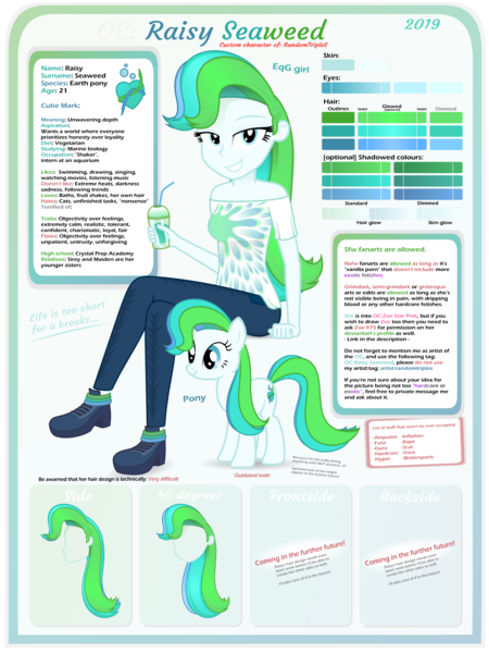 Size: 1536x2048 | Tagged: safe, artist:randomtriples, derpibooru import, oc, oc:raisy seaweed, unofficial characters only, pony, equestria girls, clothes, description, female, reference sheet, shake, solo