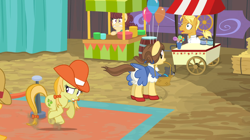 Size: 1920x1080 | Tagged: safe, derpibooru import, screencap, bon appétit, gourmand ramsay, jonagold, marmalade jalapeno popette, ruby slippers (pony), unnamed character, unnamed pony, ponified, dog, earth pony, pony, unicorn, growing up is hard to do, animal, animation error, apple family member, background pony, balloon, basket, butt, candy, clothes, dorothy gale, dress, female, food, food cart, gordon ramsay, hat, hay, hiding, layering error, male, pantaloons, plot, reference, ruby slippers, running, scared, skirt, technically an upskirt shot, the wizard of oz, upskirt