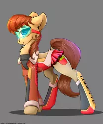 Size: 2500x3000 | Tagged: safe, artist:skitsniga, derpibooru import, oc, oc:lunette, earth pony, pony, boots, clothes, cutie mark, female, goggles, gray background, high res, mare, miniskirt, pleated skirt, shoes, simple background, skirt, smiling, solo, visor