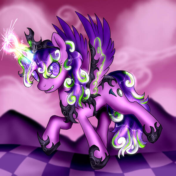 Size: 1000x1000 | Tagged: safe, artist:not-ordinary-pony, derpibooru import, screwball, alicorn, pony, alicornified, chaos, discorded landscape, female, magic, mare, race swap, solo, swirly eyes, xk-class end-of-the-world scenario