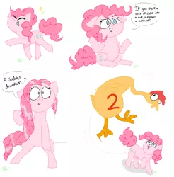 Size: 1310x1330 | Tagged: safe, artist:kirbyrainboom, derpibooru import, part of a set, boneless, boneless 2, pinkie pie, earth pony, pony, the last laugh, dialogue, happy, ms paint, open mouth, rubber chicken, signature, simple background, sitting, text, wet, wet mane
