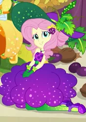 Size: 416x591 | Tagged: safe, derpibooru import, screencap, fluttershy, rainbow dash, equestria girls, equestria girls series, holidays unwrapped, spoiler:eqg series (season 2), bare shoulders, beautiful, clothes, cornucopia costumes, costume, cropped, cute, looking at you, meta, o come all ye squashful, offscreen character, shyabetes, sleeveless, smiling