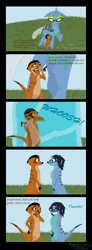 Size: 770x2100 | Tagged: artist:megaanimationfan, blue changeling, changedling, changedling oc, changeling, changeling oc, comic, compliment, copying, derpibooru import, dialogue, disguise, disguised changeling, duo, field, glasses, grass, grass field, happy, meerkat, non-pony oc, oc, oc:shauku, oc:stainless key, onomatopoeia, safe, shapeshifting, signature, smiling, text, transformation, transformed, unofficial characters only, walking