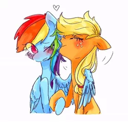 Size: 804x766 | Tagged: safe, artist:nota_mano, derpibooru import, applejack, rainbow dash, pony, appledash, female, holding hooves, hug, lesbian, nuzzling, shipping, winghug