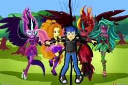Size: 6000x4000 | Tagged: safe, artist:dieart77, derpibooru import, adagio dazzle, flash sentry, gaea everfree, gloriosa daisy, sci-twi, sunset shimmer, twilight sparkle, demon, equestria girls, equestria girls series, friendship games, legend of everfree, rainbow rocks, sunset's backstage pass!, spoiler:eqg series (season 2), bedroom eyes, boots, clothes, commission, converse, dark aura, dark magic, daytime, demonic eyes, disguise, disguised siren, energy, evil grin, eye, eyes, eyes on the prize, female, fin wings, flash sentry gets all the waifus, flashagio, flashimmer, flashlight, floating, flower, flying, forest, grabbing, grass, grin, group, harem, holding, hoodie, jacket, lidded eyes, lucky bastard, magic, male, midnight sparkle, midnight-ified, pants, pulling, sciflash, sciflashshimmer, sentryosa, shadow, shipping, shocked expression, shoes, sky, smiling, smirk, sneakers, straight, sunset satan, surprised, surrounded, this will end in snu snu, touch, touching arm, transformation, tree, uh oh, wide eyes, wings, xk-class end-of-the-world scenario