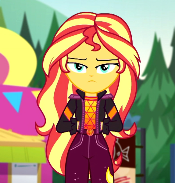 Size: 783x818 | Tagged: safe, derpibooru import, screencap, sunset shimmer, equestria girls, equestria girls series, sunset's backstage pass!, spoiler:eqg series (season 2), annoyed, clothes, cropped, female, food truck, geode of empathy, jacket, magical geodes, outdoors, sunset shimmer is not amused, unamused