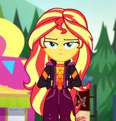Size: 783x818 | Tagged: safe, derpibooru import, screencap, sunset shimmer, equestria girls, equestria girls series, sunset's backstage pass!, spoiler:eqg series (season 2), annoyed, clothes, cropped, female, food truck, geode of empathy, jacket, magical geodes, outdoors, sunset shimmer is not amused, unamused