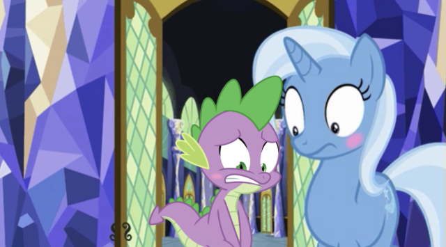 Size: 640x355 | Tagged: suggestive, derpibooru import, edit, edited screencap, editor:undeadponysoldier, screencap, spike, trixie, dragon, pony, unicorn, all bottled up, blushing, castle, cute, diatrixes, embarrassed, eyes on the prize, female, implied erection, implied foalcon, looking at something, male, mare, shipping, spixie, straight