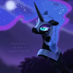 Size: 1280x1280 | Tagged: safe, artist:arareroll, derpibooru import, nightmare moon, alicorn, pony, beautiful, bust, ethereal mane, female, full moon, helmet, mare, moon, night, ruffled feathers, sky, slit eyes, solo, starry mane, text, wing fluff