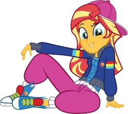 Size: 2318x2067 | Tagged: safe, artist:wissle, derpibooru import, sunset shimmer, eqg summertime shorts, equestria girls, get the show on the road, backwards ballcap, baseball cap, cap, clothes, clothes swap, converse, cutie mark, cutie mark on clothes, female, grin, hat, leaning back, looking at you, reclining, shoes, simple background, sitting, smiling, sneakers, solo, sunset shimmer day, transparent background