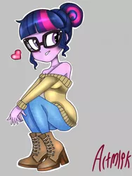 Size: 768x1024 | Tagged: safe, artist:artmlpk, derpibooru import, sci-twi, twilight sparkle, equestria girls, alternate hairstyle, bare shoulders, blushing, boots, clothes, cute, denim, design, fashion, fashion style, hair bun, jeans, pants, shoes, simple background, sitting, solo, squatting, sweater, toy, trendy style, turtleneck, twiabetes