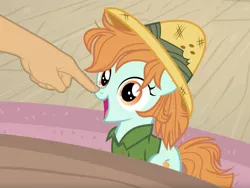 Size: 1249x937 | Tagged: boop, boop edit, cropped, daring doubt, derpibooru import, disembodied hand, edit, edited screencap, finger, food, hand, offscreen character, peach, peach fuzz, safe, screencap, solo focus