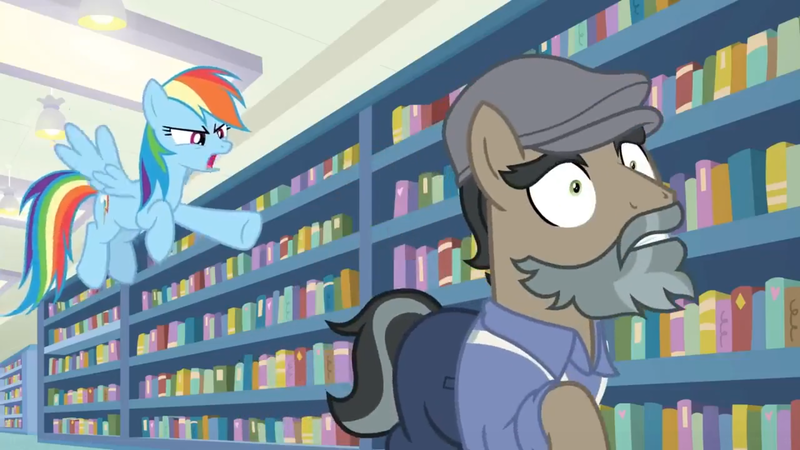 Size: 1600x900 | Tagged: safe, derpibooru import, screencap, doctor caballeron, rainbow dash, earth pony, pegasus, pony, daring doubt, bookshelf, bookstore, caught, ceiling light, clothes, disguise, fake beard, female, flat cap, groom q.q. martingale, hat, jacket, library, male, mare, martingale, newsboy hat, pants, pointing, shelf, stallion