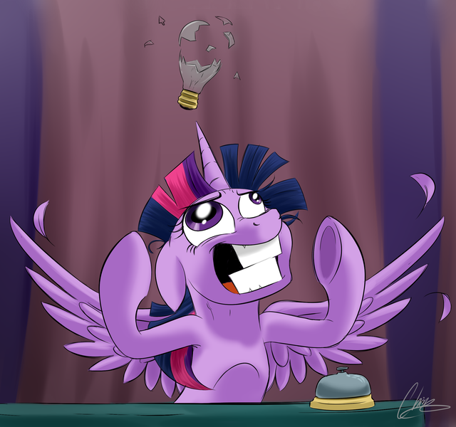 Size: 2070x1941 | Tagged: safe, artist:oinktweetstudios, derpibooru import, twilight sparkle, twilight sparkle (alicorn), alicorn, pony, a trivial pursuit, broken, faic, floppy ears, insanity, lightbulb, solo, spread wings, twilight snapple, twilighting, twilynanas, wingboner, wings