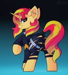 Size: 2000x2200 | Tagged: safe, artist:shadowreindeer, derpibooru import, sunset shimmer, pony, unicorn, bad, butt, clothes, collar, ear piercing, female, gradient background, industrial piercing, piercing, plot, solo, spiked collar, style emulation, tail wrap, torn clothes