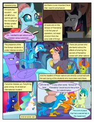 Size: 612x792 | Tagged: safe, artist:newbiespud, derpibooru import, edit, edited screencap, screencap, chancellor neighsay, gallus, grampa gruff, ocellus, prince rutherford, princess celestia, princess ember, princess luna, sandbar, seaspray, smolder, thorax, changedling, changeling, classical hippogriff, dragon, earth pony, gryphon, hippogriff, pony, unicorn, yak, comic:friendship is dragons, school daze, angry, blind eye, comic, dialogue, dragoness, ethereal mane, eye scar, female, fez, flying, hat, hoof shoes, jewelry, king thorax, male, peytral, regalia, scar, screencap comic, sitting, stallion, starry mane