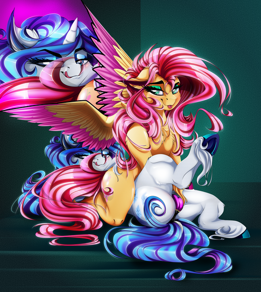 Size: 3938x4404 | Tagged: suggestive, alternate version, artist:dimidiummorsumbra, derpibooru import, fluttershy, rarity, pony, absurd resolution, bedroom eyes, chest fluff, clothes, ear fluff, eyeshadow, female, lesbian, looking at you, makeup, mare, mare on mare, panties, smiling, tongue out, underhoof, underwear, unshorn fetlocks, vector