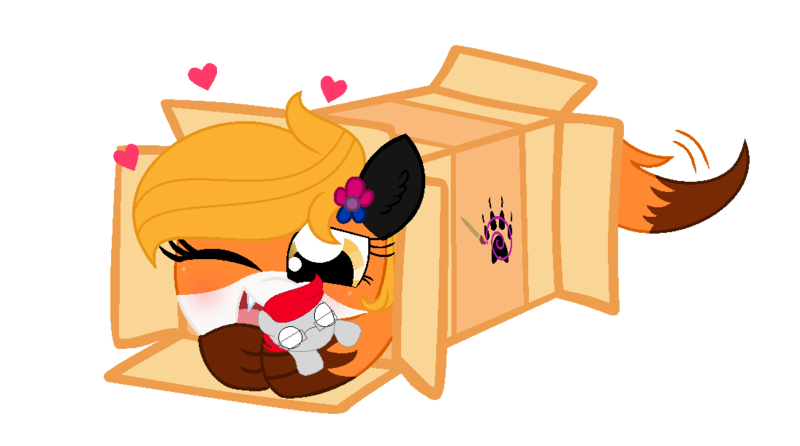 Size: 1095x611 | Tagged: safe, artist:darbypop1, derpibooru import, oc, oc:charming rocker, oc:harper fox, fox, fox pony, hybrid, pegasus, pony, base used, cardboard box, female, flower, flower in hair, heart, mare, one eye closed, paw prints, plushie