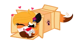 Size: 1095x611 | Tagged: safe, artist:darbypop1, derpibooru import, oc, oc:charming rocker, oc:harper fox, fox, fox pony, hybrid, pegasus, pony, base used, cardboard box, female, flower, flower in hair, heart, mare, one eye closed, paw prints, plushie