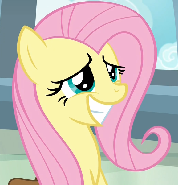 Size: 1041x1080 | Tagged: safe, derpibooru import, screencap, fluttershy, pegasus, pony, daring doubt, bag, cropped, cute, female, mare, saddle bag, shyabetes, sitting, smiling, solo