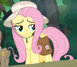 Size: 761x657 | Tagged: safe, derpibooru import, screencap, doctor caballeron, fluttershy, earth pony, pegasus, pony, daring doubt, bag, cropped, cute, female, hat, male, mare, saddle bag, sassy, sassyshy, shyabetes, smug, solo focus, stallion