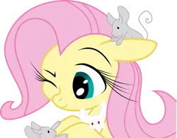 Size: 900x703 | Tagged: safe, artist:constellite, artist:prettypinkpony, derpibooru import, fluttershy, mouse, pony, bust, cute, female, floppy ears, mare, one eye closed, portrait, shyabetes, simple background, solo, transparent background, vector