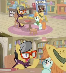 Size: 1600x1780 | Tagged: safe, derpibooru import, screencap, a.k. yearling, peach fuzz, pony, daring doubt, book, bookshelf, cape, carpet, chair, clothes, foal, glasses, hat, library, pen, pith helmet, rug, shelf, shirt, sign, stool
