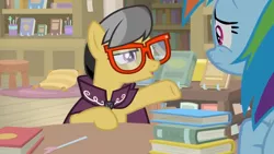 Size: 1600x900 | Tagged: safe, derpibooru import, screencap, a.k. yearling, rainbow dash, pegasus, pony, daring doubt, book, cape, clothes, cup, female, glasses, library, mare, pen, pillow, stool, table