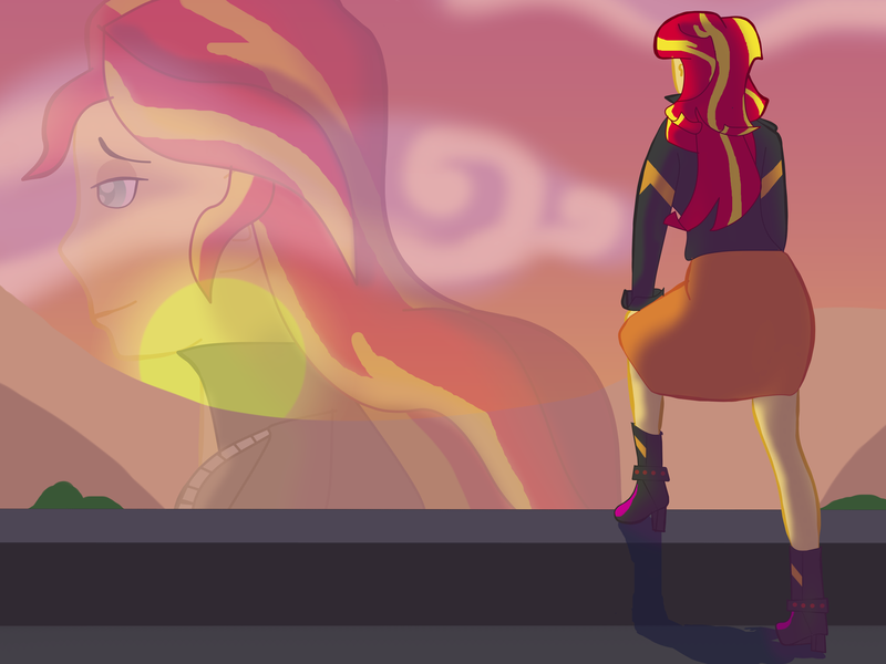 Size: 4000x3000 | Tagged: safe, artist:jongoji245, derpibooru import, sunset shimmer, equestria girls, pun, solo, sunset, sunset shimmer day, visual pun